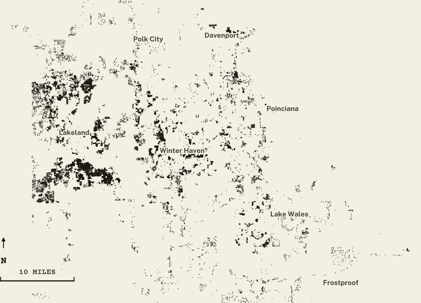 Survey-style map of 34,640 Polk County homes on septic, 15+ years in the ground, shown as ink dots on manila paper