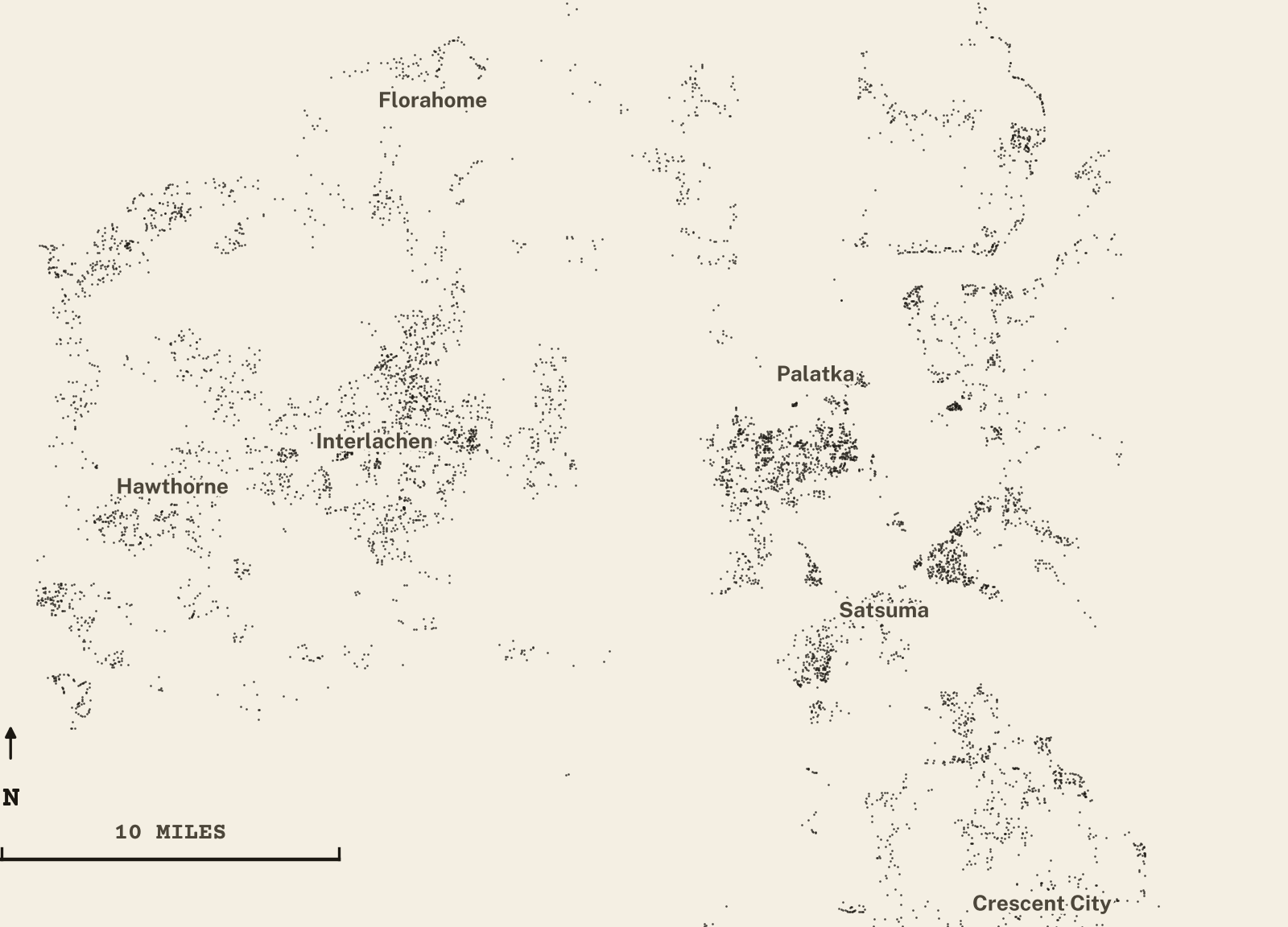 Survey-style map of 6,872 Putnam County homes on septic, 15+ years in the ground, shown as ink dots on manila paper