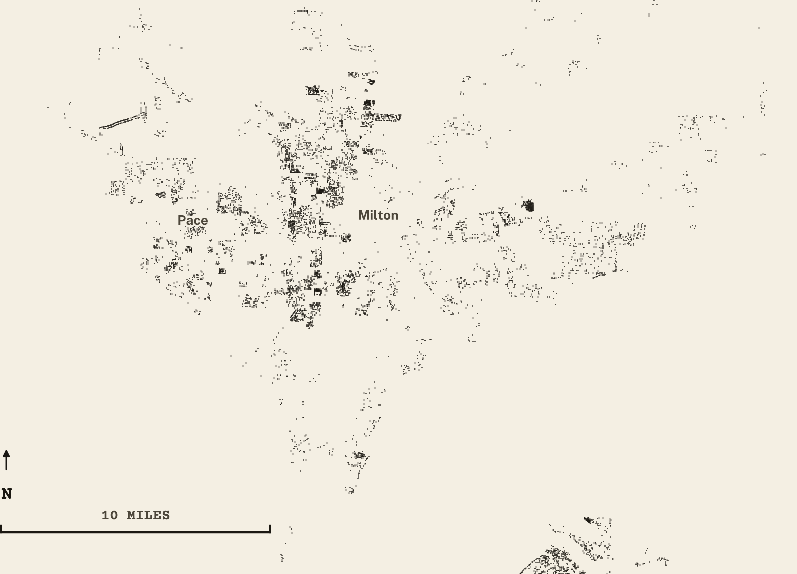 Survey-style map of 12,233 Santa Rosa County homes on septic, 15+ years in the ground, shown as ink dots on manila paper