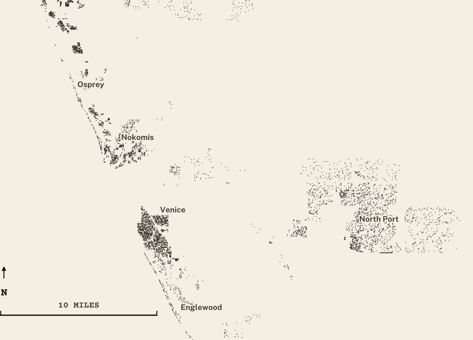 Survey-style map of 8,585 Sarasota County homes on septic, 15+ years in the ground, shown as ink dots on manila paper