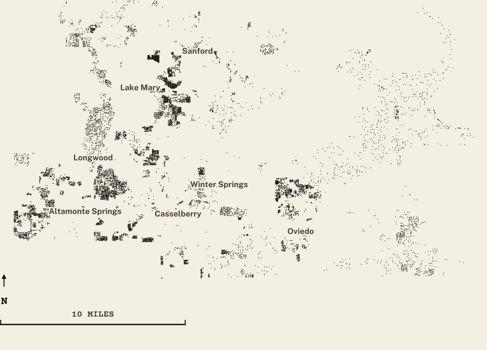 Survey-style map of 13,016 Seminole County homes on septic, 15+ years in the ground, shown as ink dots on manila paper