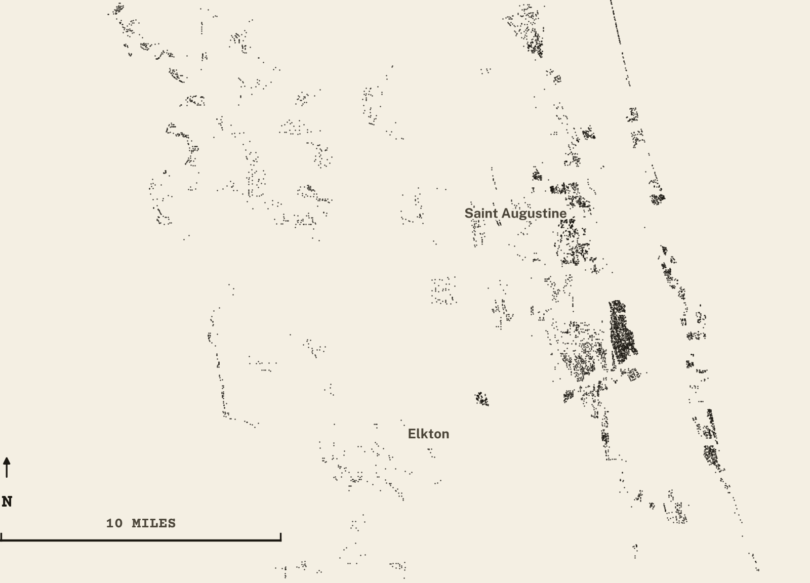 Survey-style map of 8,462 St. Johns County homes on septic, 15+ years in the ground, shown as ink dots on manila paper