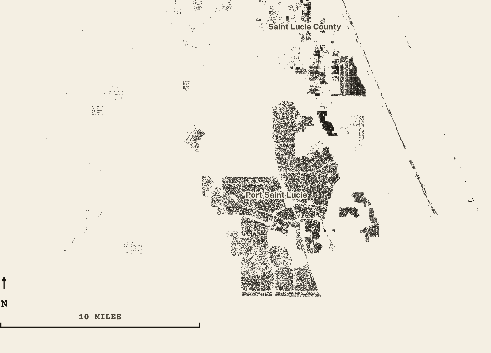 Survey-style map of 28,032 St. Lucie County homes on septic, 15+ years in the ground, shown as ink dots on manila paper