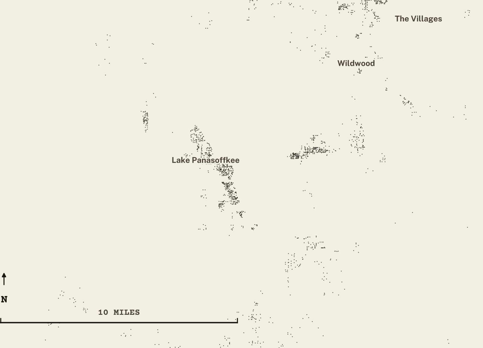 Survey-style map of 3,838 Sumter County homes on septic, 15+ years in the ground, shown as ink dots on manila paper