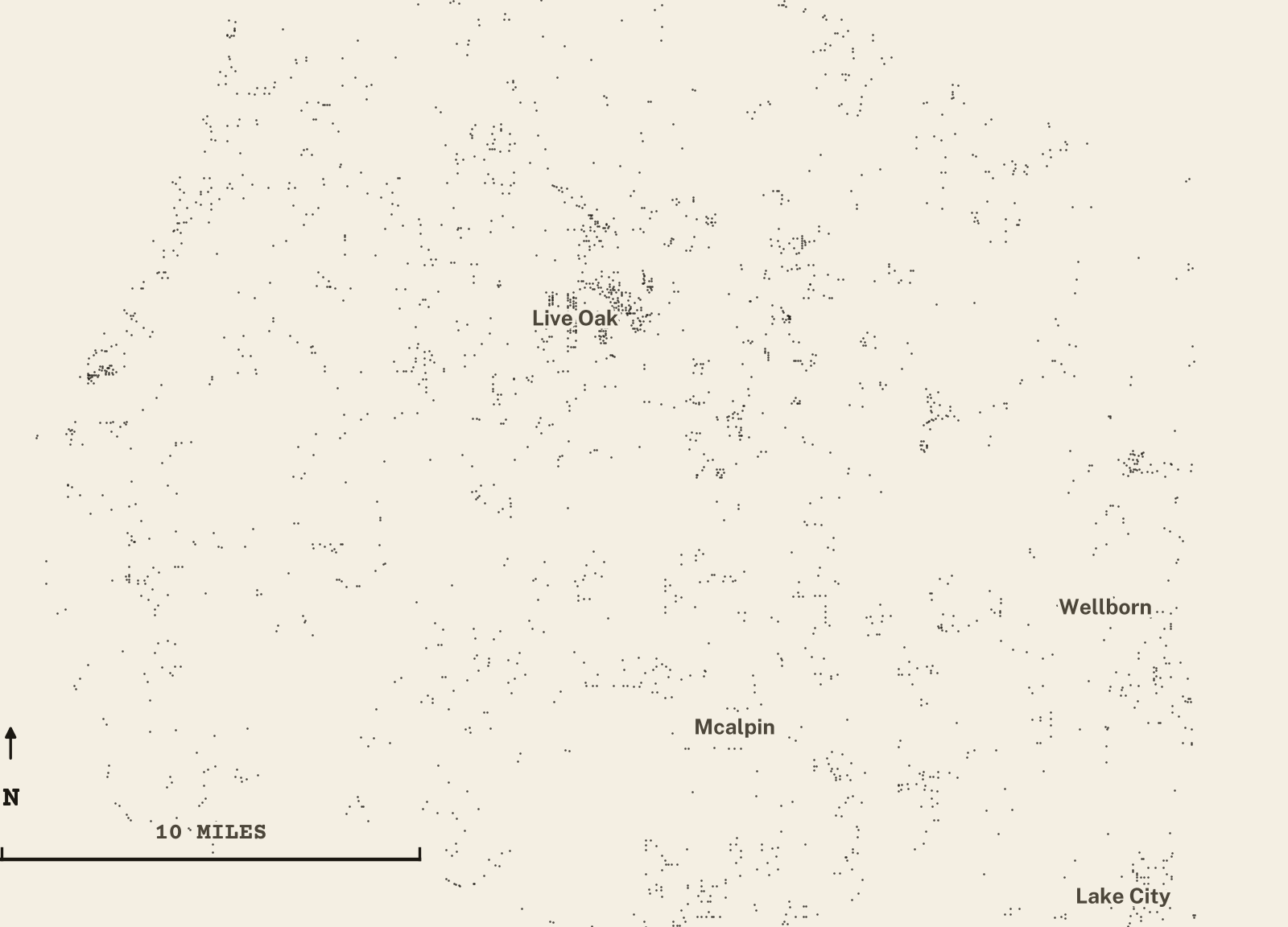 Survey-style map of 2,836 Suwannee County homes on septic, 15+ years in the ground, shown as ink dots on manila paper