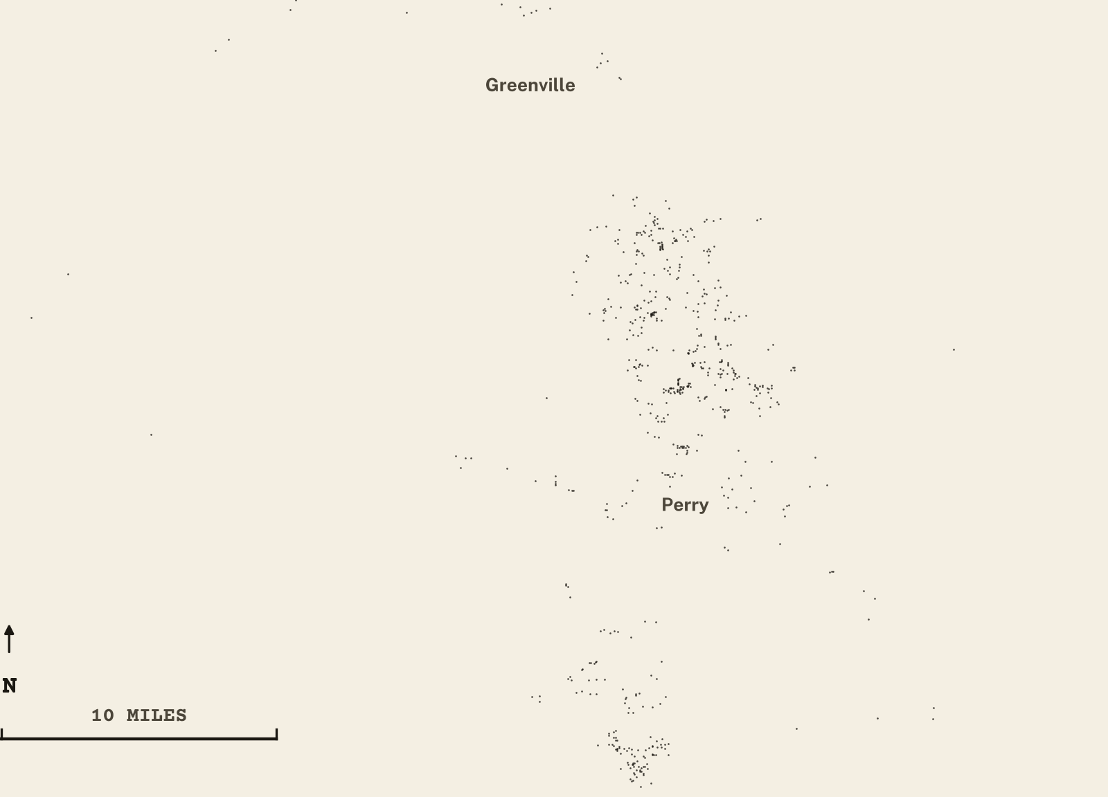 Survey-style map of 748 Taylor County homes on septic, 15+ years in the ground, shown as ink dots on manila paper