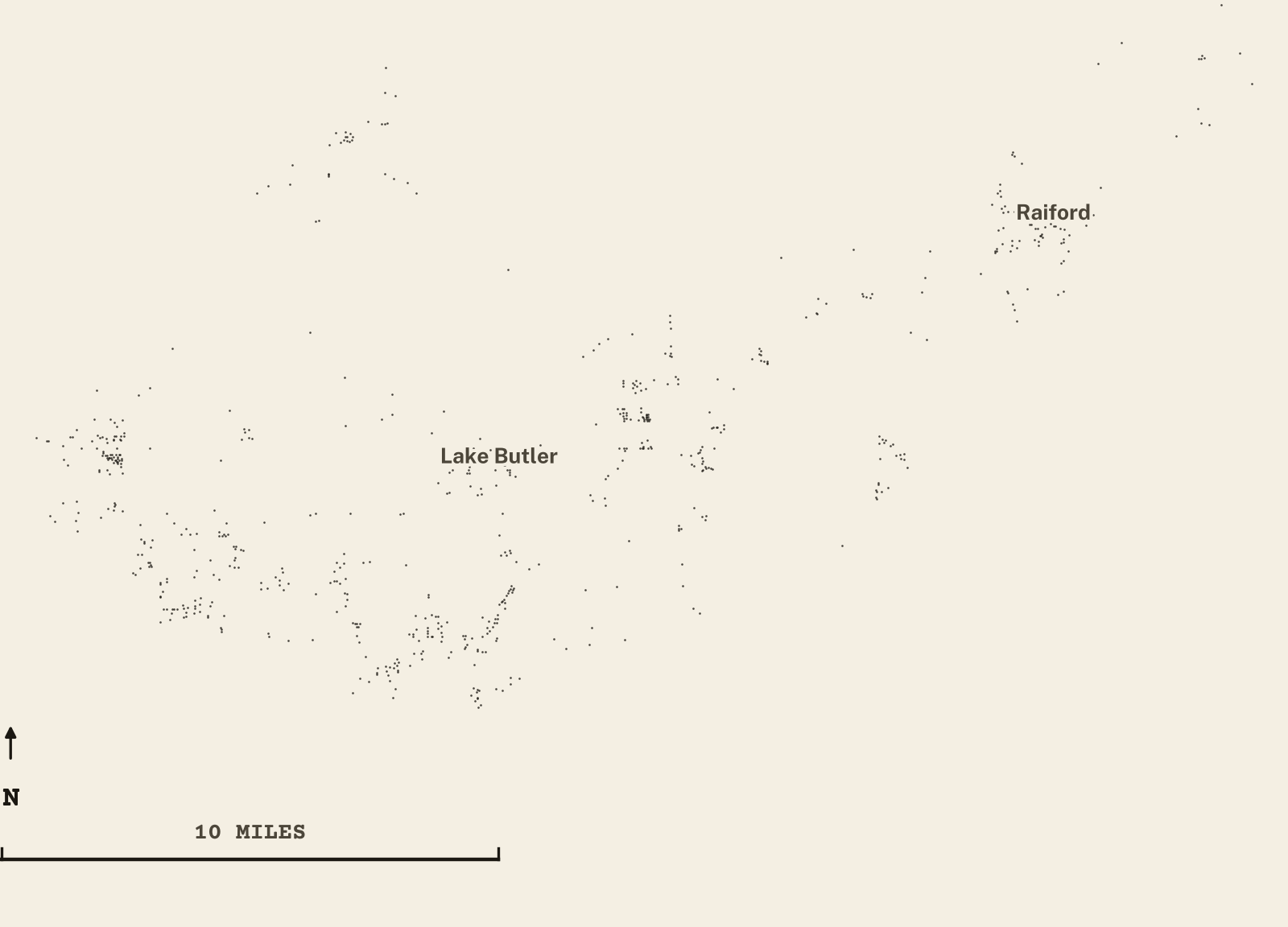 Survey-style map of 678 Union County homes on septic, 15+ years in the ground, shown as ink dots on manila paper