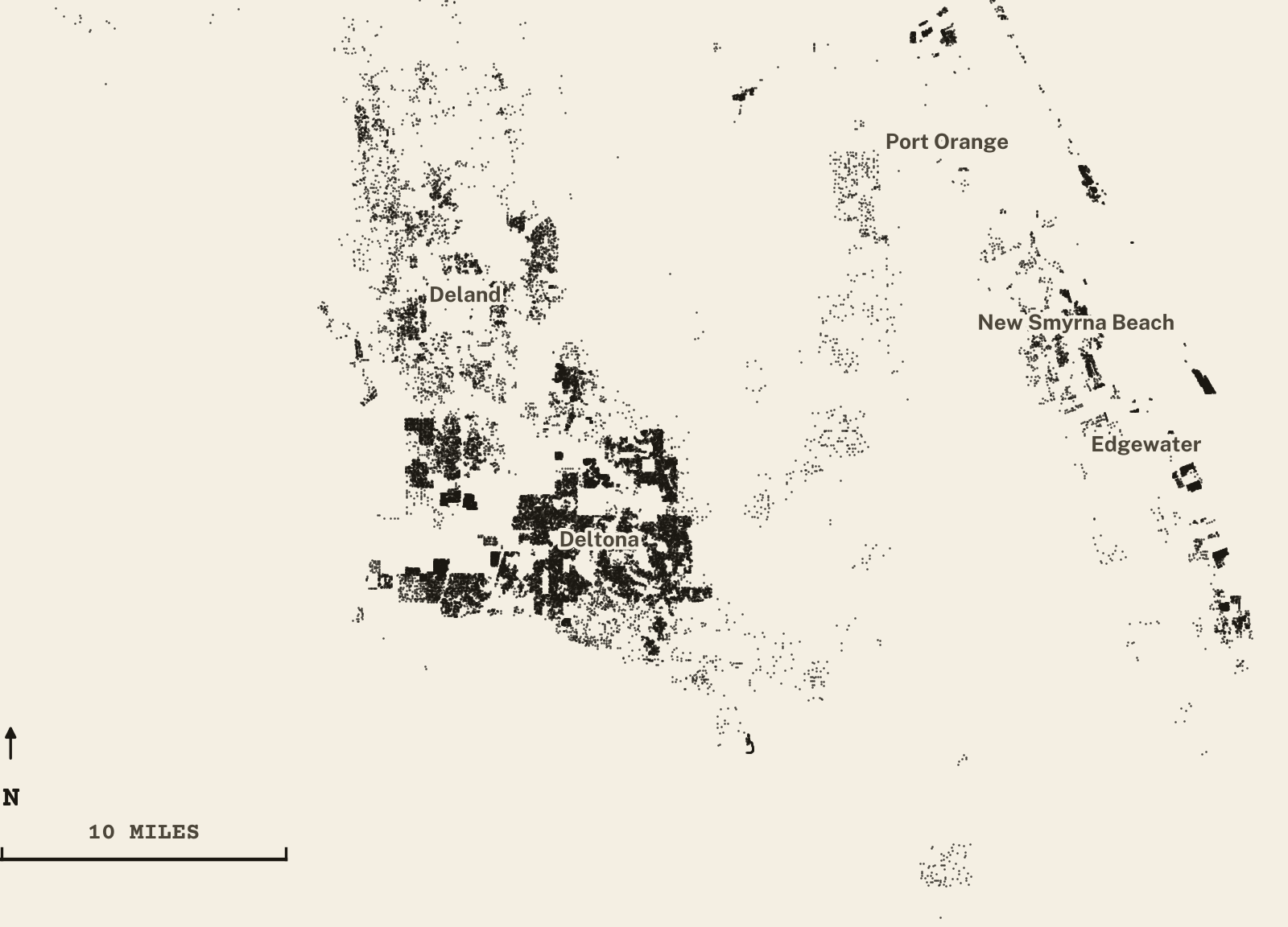 Survey-style map of 36,202 Volusia County homes on septic, 15+ years in the ground, shown as ink dots on manila paper