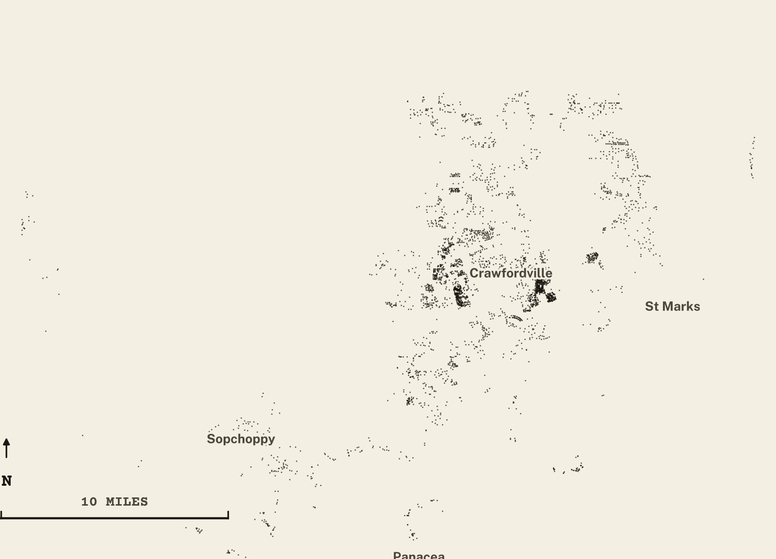 Survey-style map of 3,501 Wakulla County homes on septic, 15+ years in the ground, shown as ink dots on manila paper