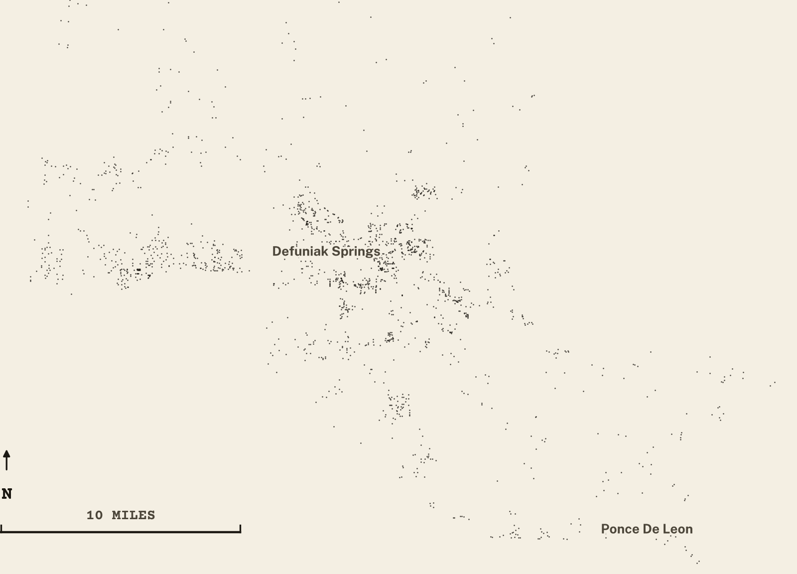Survey-style map of 2,479 Walton County homes on septic, 15+ years in the ground, shown as ink dots on manila paper