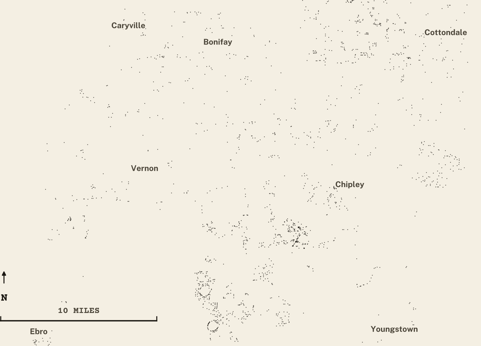 Survey-style map of 1,935 Washington County homes on septic, 15+ years in the ground, shown as ink dots on manila paper